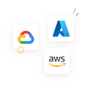 Logos of Google Cloud, Azure and AWS and a checkmark.