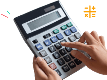 Foto van een rekenmachine en illustraties van rekensymbolen.