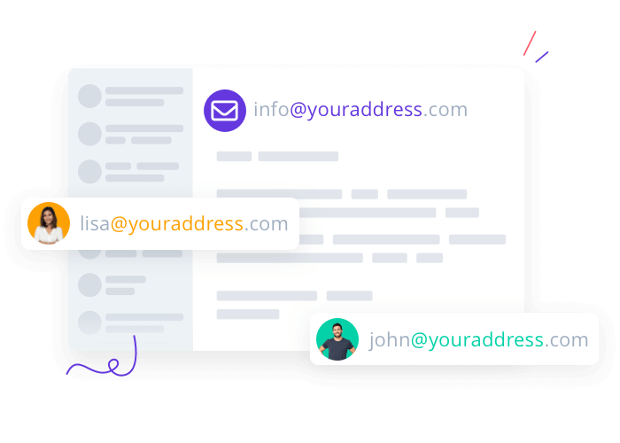 Een illustratie van een mailbox met emailadressen met dezelfde domeinnaam.