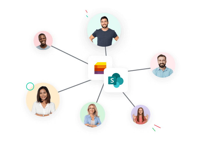 Illustration of a network of people, connected to each other with Lists and SharePoint as central point.