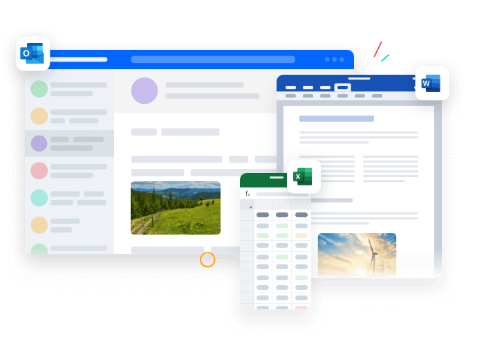 Illustration of an Outlook, Word and Excel programme.