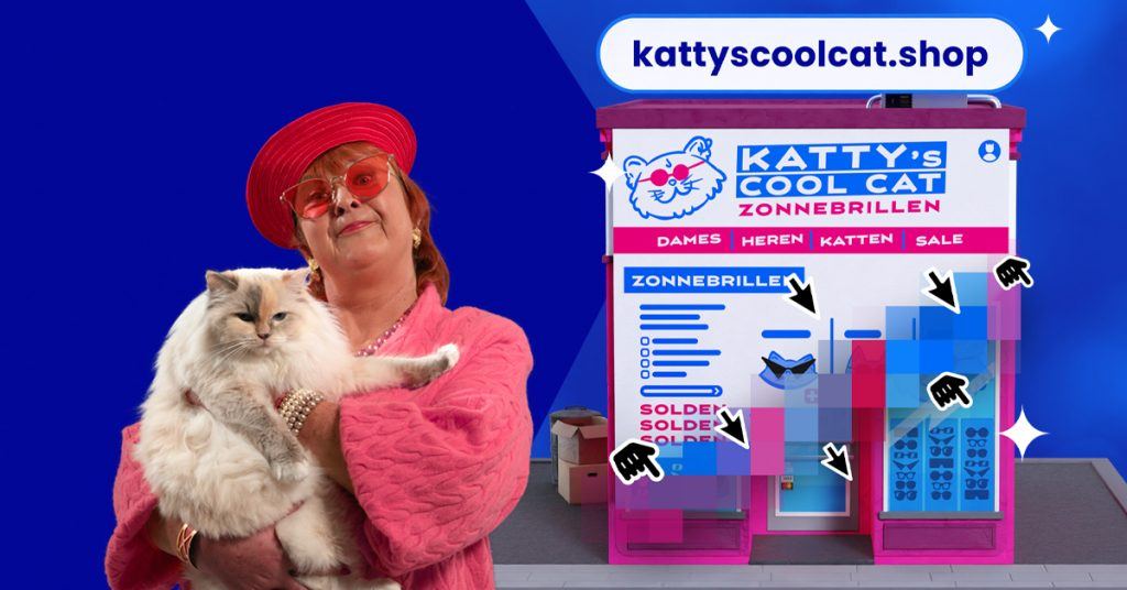 Katty holding one of her cats and on the right her new bright webshop; kattyscoolcat.shop where she will sell her sunglasses