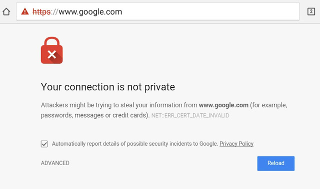 Warning message in a search engine tab that the connection is not private and therefore no SSL certificate is active.