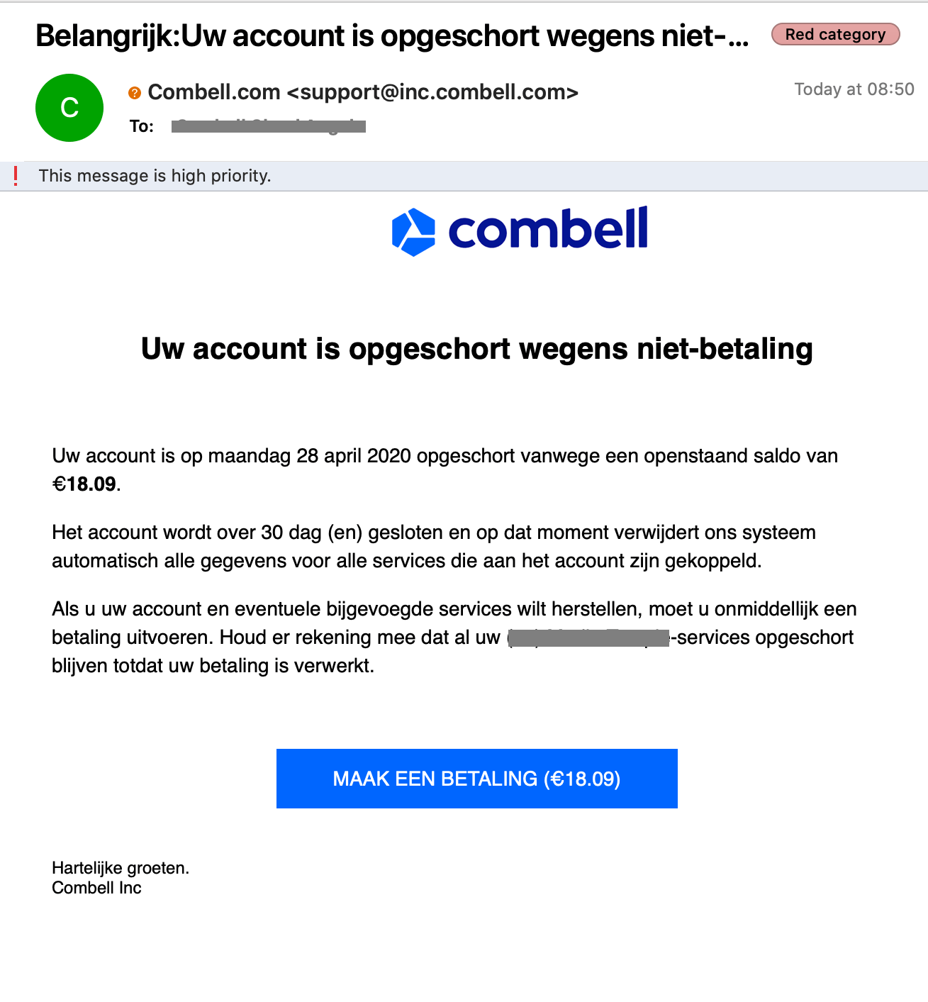Fake emails sent out in our name Combell