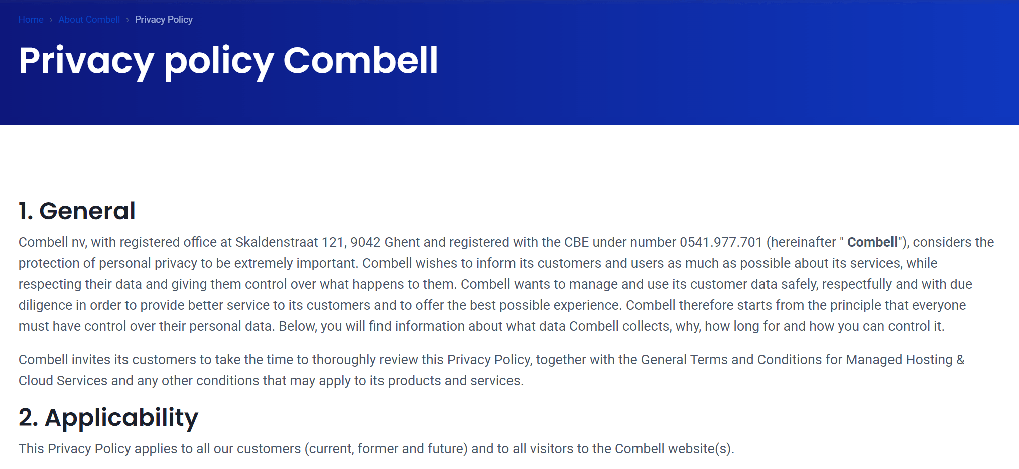 A screenshot of Combell's privacy policy as an example of what a privacy policy can look like.