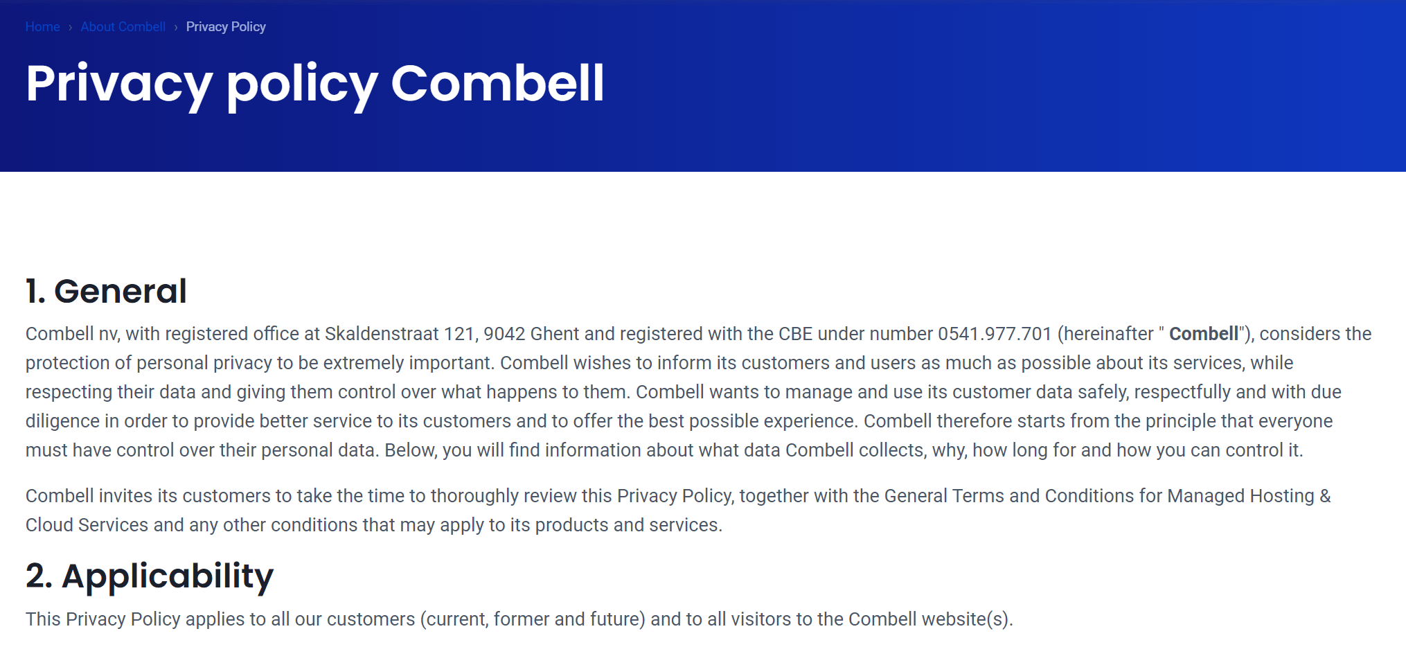 An example of Combell's privacy policy A screenshot of Combell's privacy policy as an example of what a privacy policy can look like.