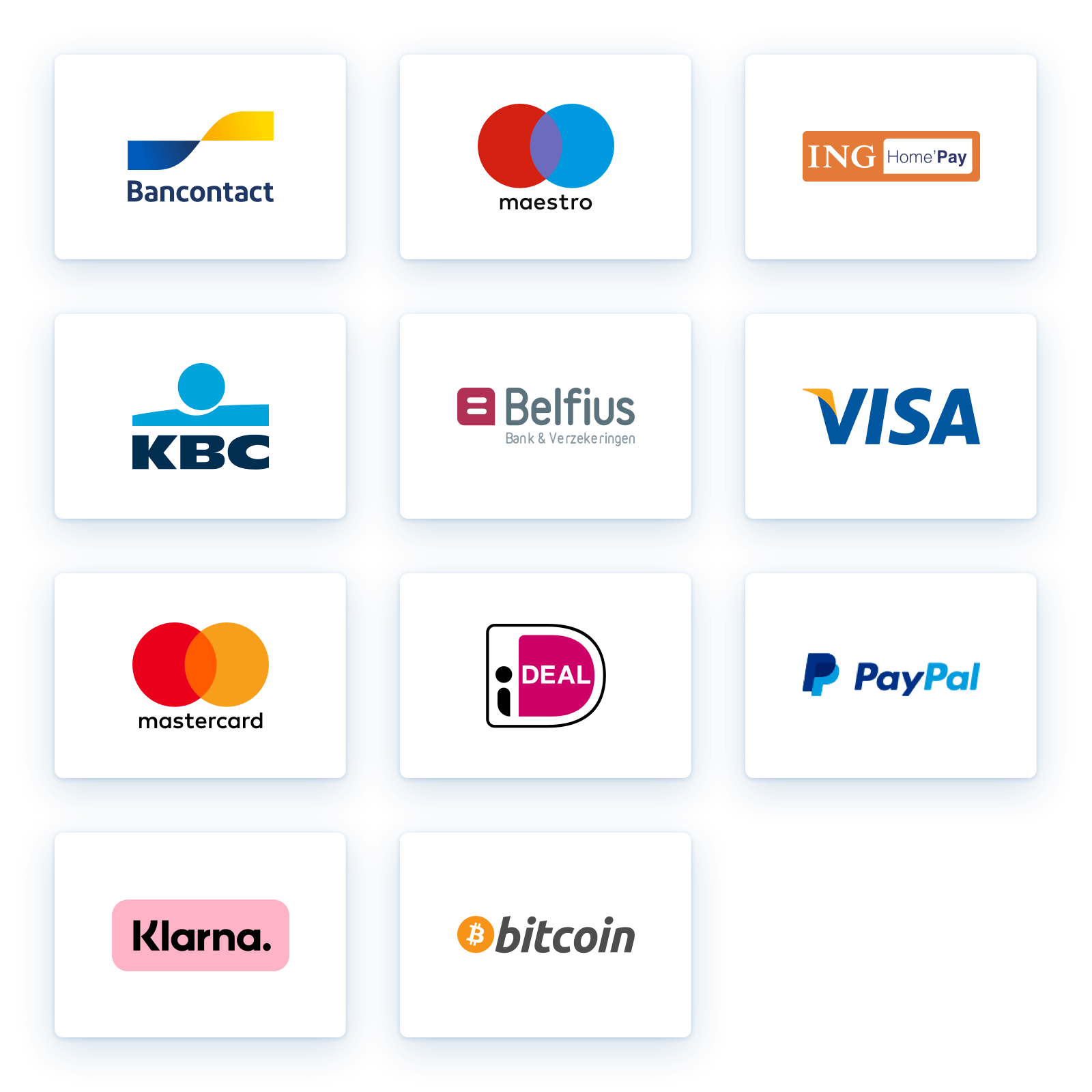 11 different payment methods for your webshop. Bancontact, Maestro, ING Home Pay, KBC, Belfius, Visa, Mastercard, iDeal, PayPal, Klarna and Bticoin.