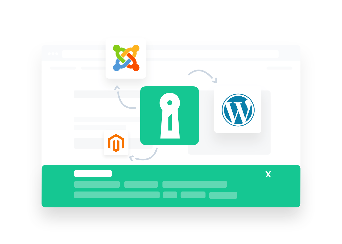 iubenda installs quickly by using plugins for WordPress, Joomla and Magento In the centre is the iubenda logo surrounded by the logos of CMS systems Joomla, Magento and WordPress. iubenda is easy to install through plugins for the above CMS systems.