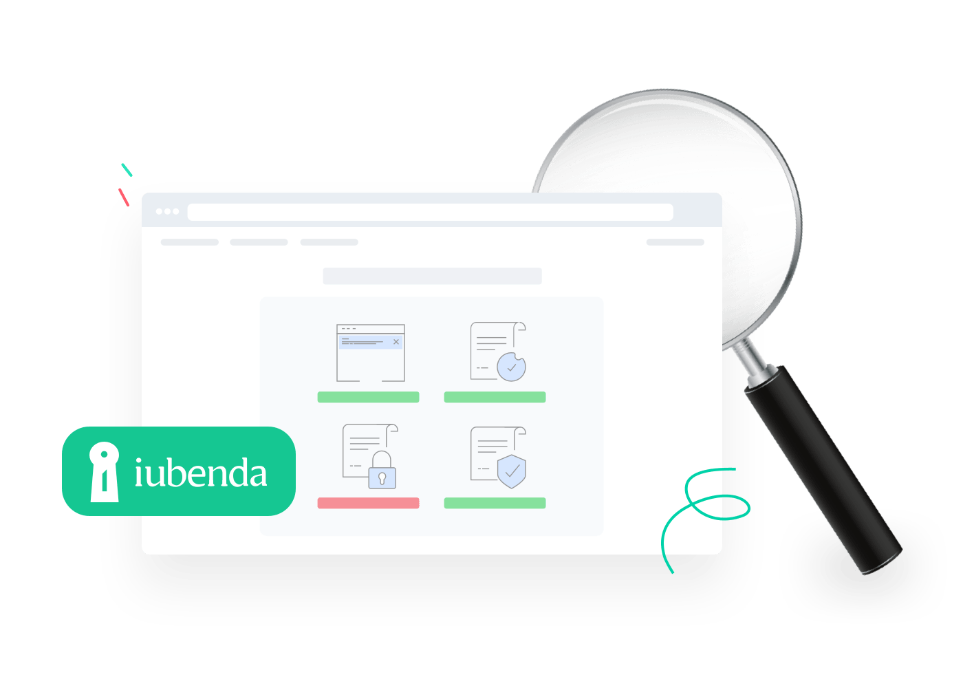 iubenda scan: check if your website is compliant with the law The iubenda logo on the left, a website in the middle and a magnifying glass to its right. The iubenda scan checks whether your website complies with the law.
