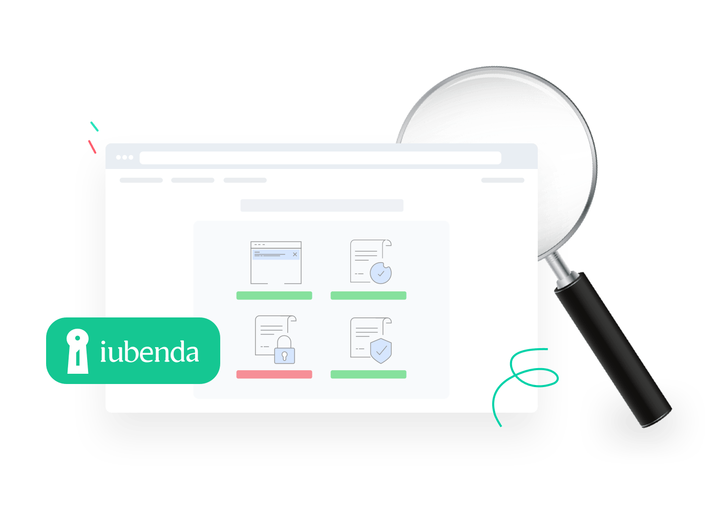 The iubenda logo on the left, a website in the middle and a magnifying glass to its right. The iubenda scan checks whether your website complies with the law.