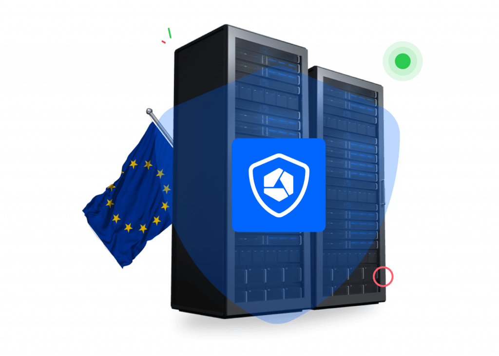 Two dataservers with the Combell Shield logo on them and a European flag behind the servers.