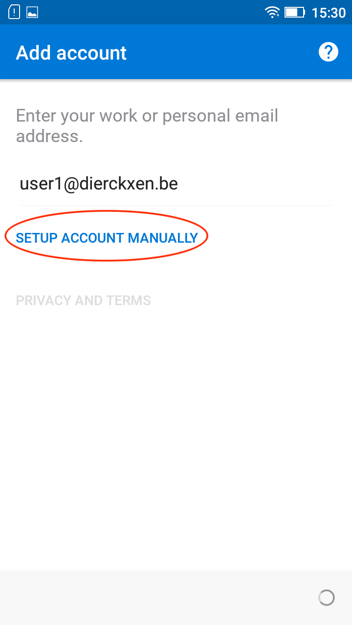 Fill in your Exchange mailaddress and click on 'Setup account mannually'