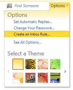 'Options' > 'Create an inbox rule'