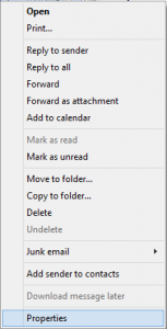 Context menu > Properties” width=”153″ height=”300″></li>
<li>Switch to the Details tab to see the contents of your email header.<img decoding=