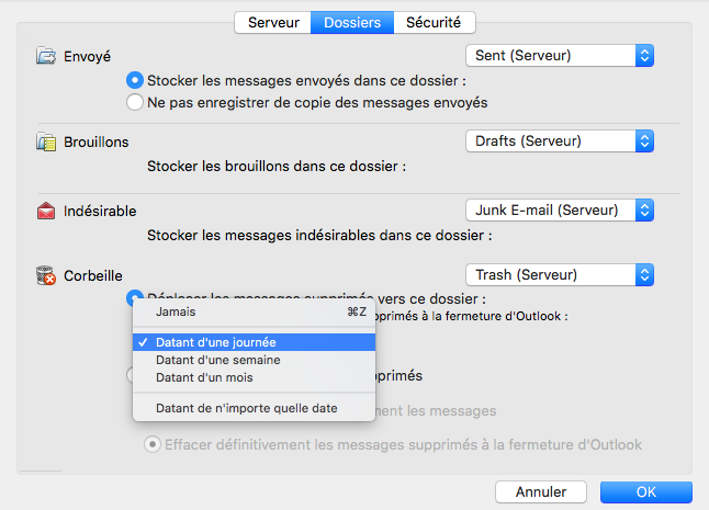 Déplacement des emails supprimés >> menu déroulant