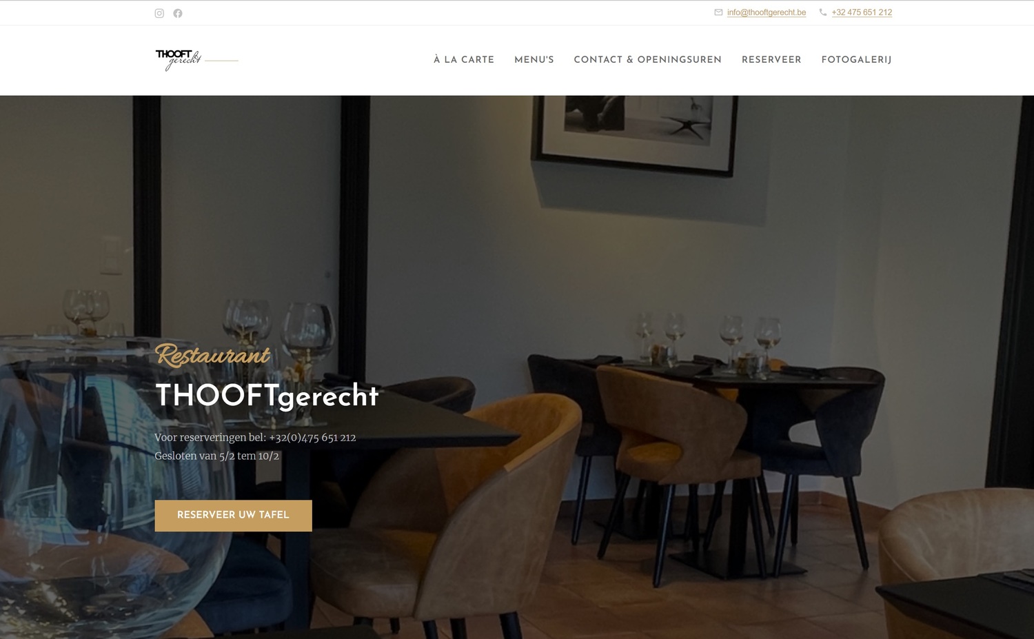 De homepagina van de website van restaurant THOOFTgerecht. Gemaakt met de Combell Sitebuilder.