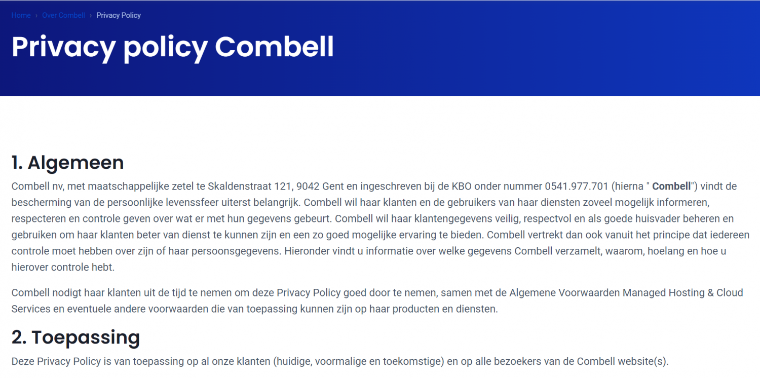 Een screenshot van Combell's privacy policy als voorbeeld van hoe een privacy policy eruit kan zien.