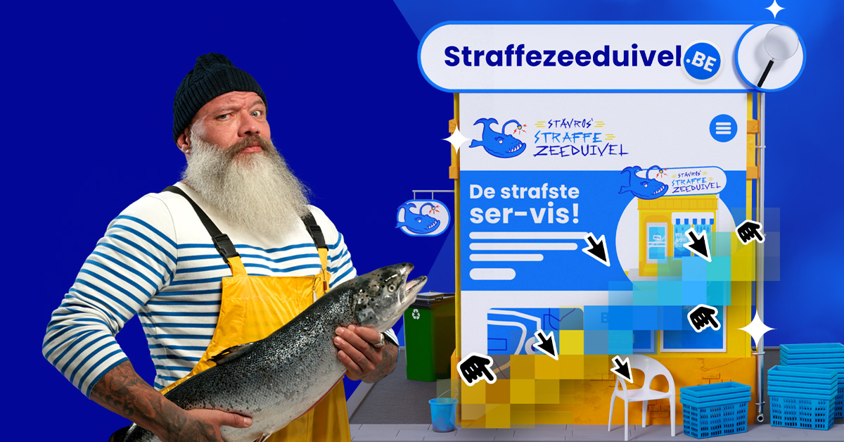De stoere Stavros die trots zijn verse vis vasthoudt. Rechts zie je zijn gloednieuwe website; staffezeeduivel.be die hij maakte met Combell SiteBuilder