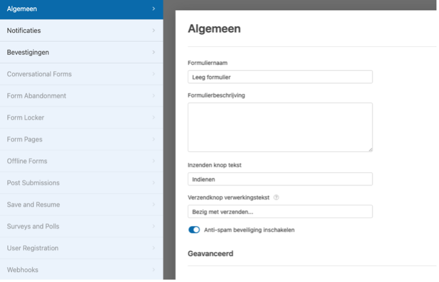 algemene instellingen venster wpforms