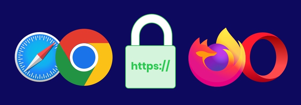 Alle webbrowsers hechten veel belang aan HTTPS. Zowel Safari en Google Chrome (links) als Firefox en Opera (rechts).