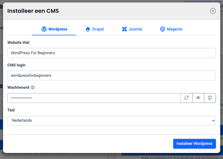 Het CMS-installatiescherm via het Combell-controlepaneel