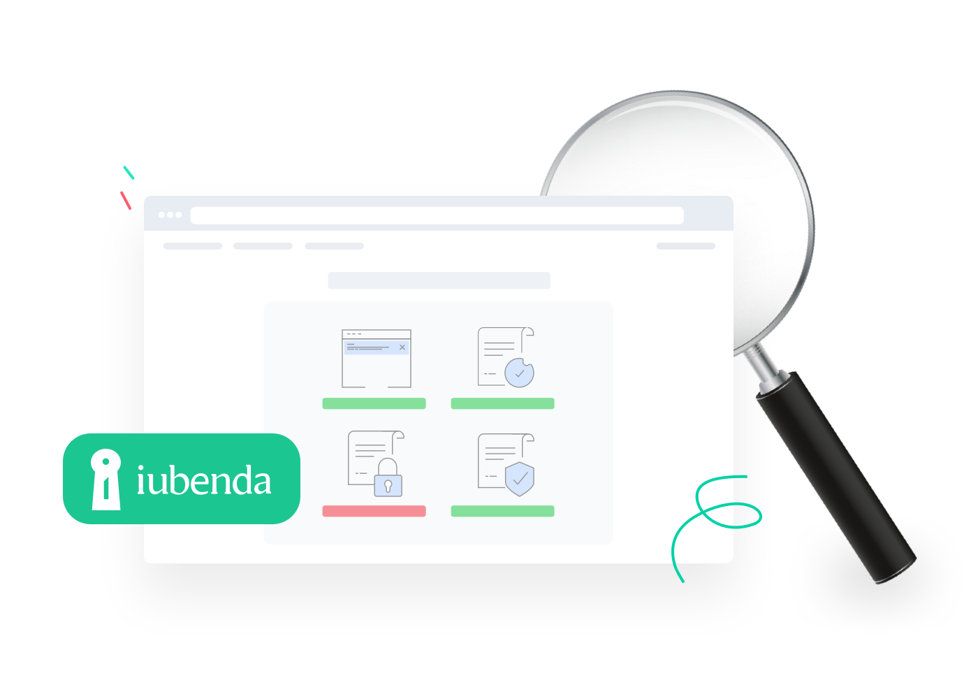 Het iubenda logo links, in het midden een website en rechts daarvan een vergrootglas. Met de iubenda scan check je of jouw website in orde is met de wet.