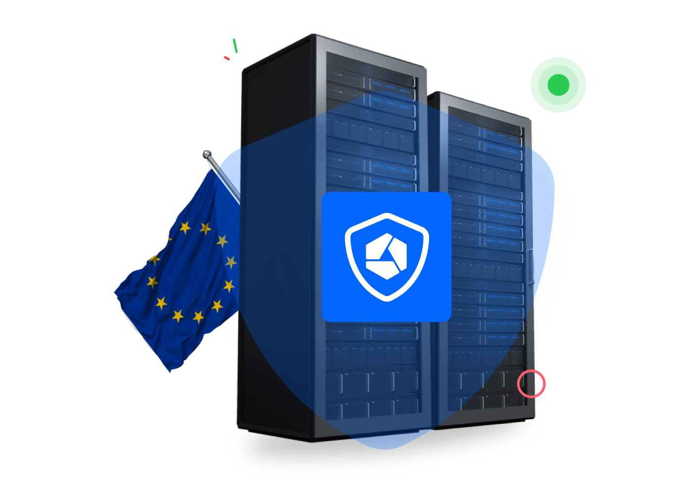 Twee dataservers met het Combell Shield-logo erop en een Europese vlag achter de servers.