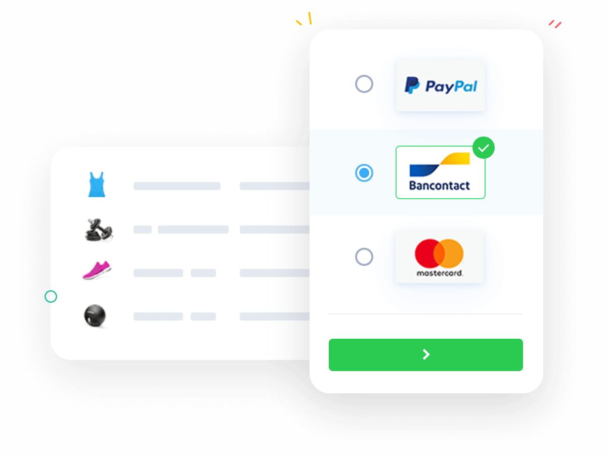 Een webshop met verschillende betaalmethoden als Paypal, Bancontact en Mastercard.
