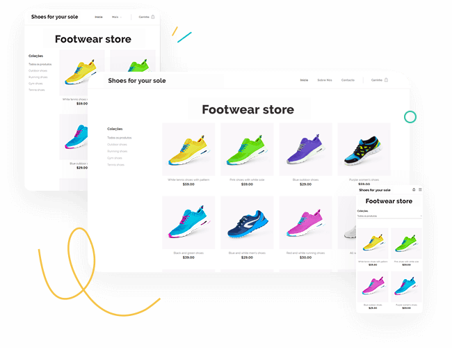 Een voorbeeld van een eenvoudige online schoenenwinkel die op de koop toe volledig responsive is.