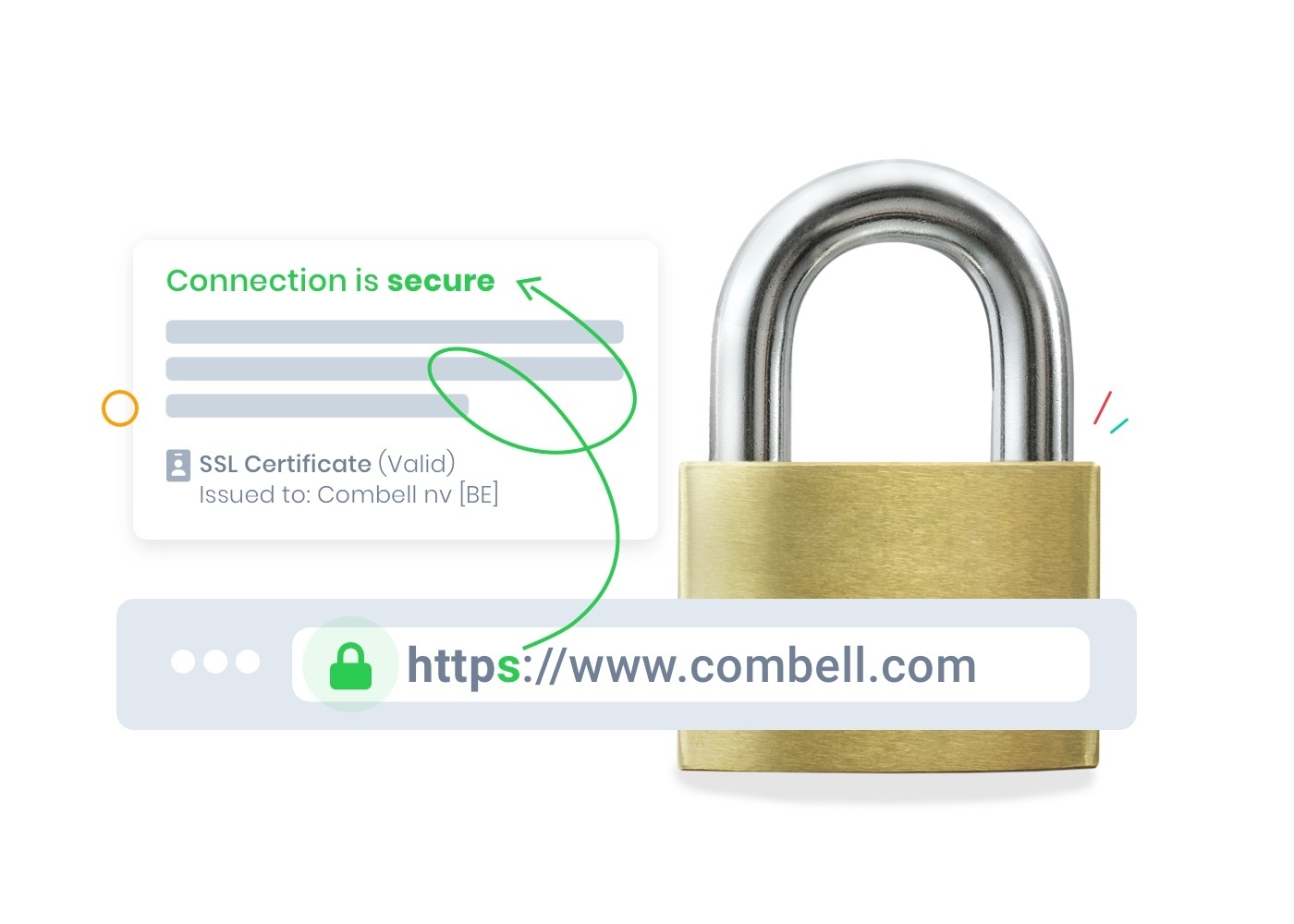 Een adresbalk met een https url en een slotje. Dit zorgt voor een beveiligde verbinding (SSL).