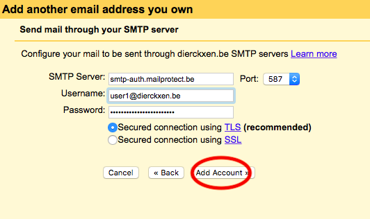 Vul de instellingen in van uw SMTP-server. Klik op 'Add account'