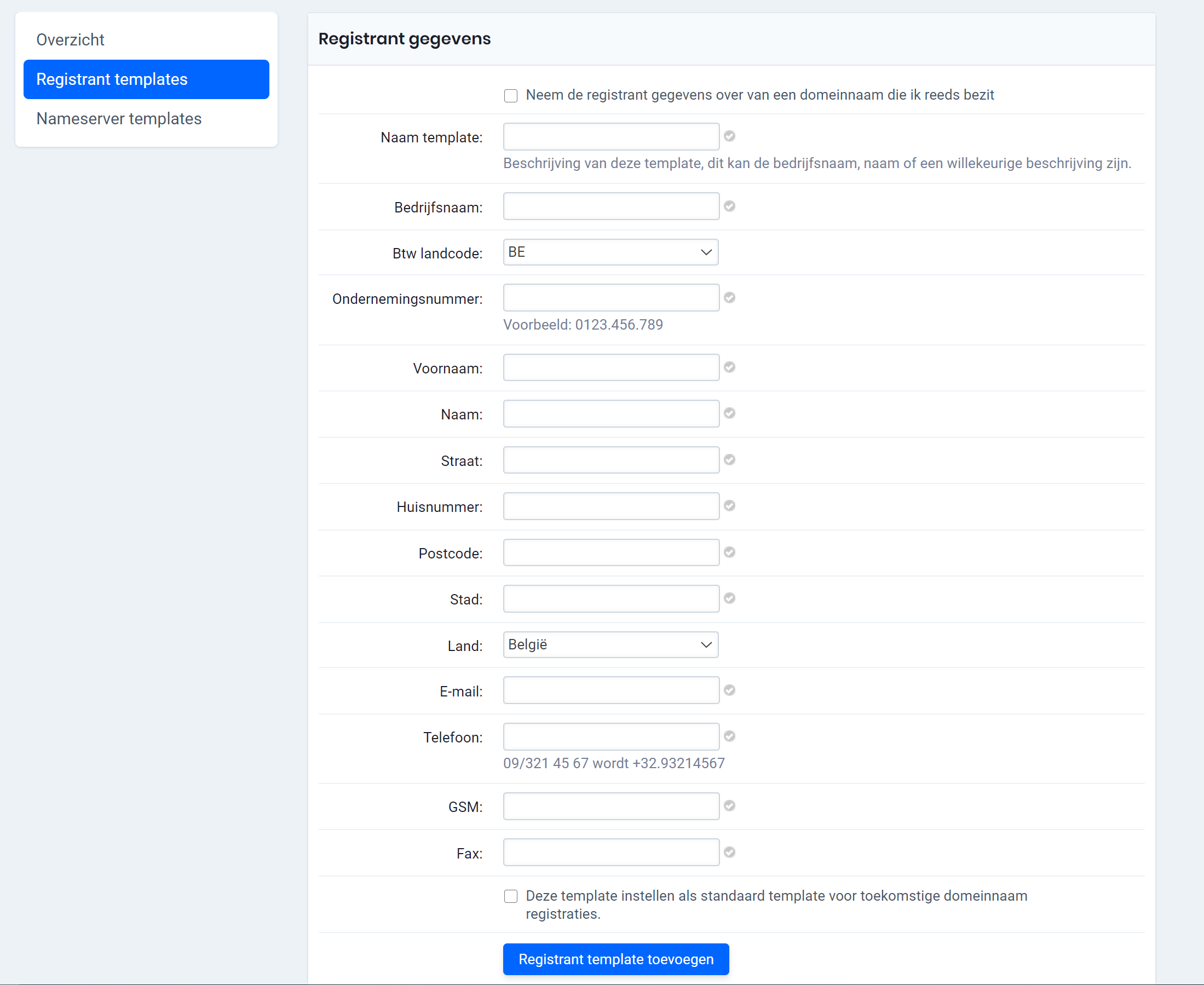 registrant template aanmaken